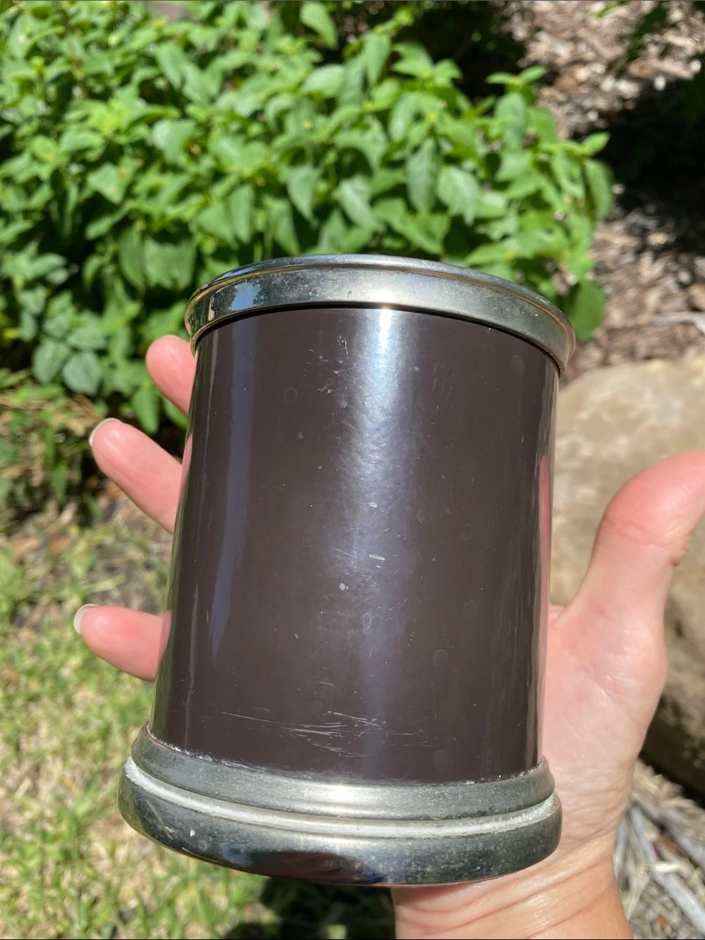 Classic Dark Brown Metal Decorative Holder with Silver Trim 4” high